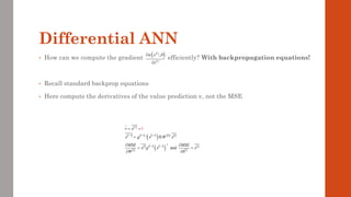 Differential ANN
• How can we compute the gradient efficiently? With backpropagation equations!
• Recall standard backprop equations
• Here compute the derivatives of the value prediction v, not the MSE
 
     
( )    
 
     
( )  
 
1 1 1
T
1 1
'
a
1
nd
L
l l l l l
T
l l l l
l l
v x
x g x W x
MSE MSE
x g x x
W b
− − −
− −
= =
= 
 
= =
 
( )
( )
( )
;
i
i
x
x
 


 