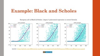Example: Black and Scholes
European call in Black & Scholes : degree 5 polynomial regression vs correct formula
source: https://github.com/differential-machine-learning/notebooks/blob/master/DifferentialRegression.ipynb
 