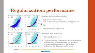 Regularization: performance
Compare with dimension 1
• Still significantly worse
• Frustrating since this is really a dim 1 problem:
basket option only depends on initial basket,
irrespective of the assets in the basket
(at least in the Gaussian model here)
Compare with no regularization
• Significant improvement
may be good enough depending on application
Bias
Variance is still significant
source: https://github.com/differential-machine-learning/notebooks/blob/master/DifferentialRegression.ipynb
 