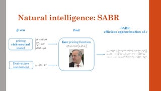 Natural intelligence: SABR
fast pricing function
pricing
risk-neutral
model
Derivatives
instrument
given
dF F dW
d
dZ
dWdZ dt






 =


=


=


( )
T T
y F K
+
= −
( )
, ; ,
t t T t t
v F t E y F
 
=  
 
find
SABR:
efficient approximation of v
 