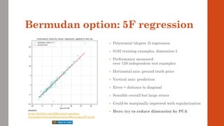 Bermudan option: 5F regression
• Polynomial (degree 5) regression
• 8192 training examples, dimension 5
• Performance measured
over 128 independent test examples
• Horizontal axis: ground truth price
• Vertical axis: prediction
• Error = distance to diagonal
• Sensible overall but large errors
• Could be marginally improved with regularization
• Here: try to reduce dimension by PCA
source:
https://github.com/differential-machine-
learning/notebooks/blob/master/Bermudan5F.ipynb
 