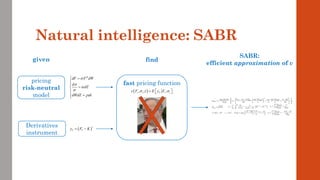 Natural intelligence: SABR
fast pricing function
pricing
risk-neutral
model
Derivatives
instrument
given
dF F dW
d
dZ
dWdZ dt






 =


=


=


( )
T T
y F K
+
= −
( )
, ; ,
t t T t t
v F t E y F
 
=  
 
find
SABR:
efficient approximation of v
 
