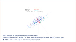 In fact, gradients are almost identically zero on the blue axis:
the spread option does not depend at all on the blue coordinate, only on the red one that PCA truncated!
➔ PCA truncation lost all hope to correctly evaluate price or risk
 