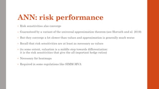 ANN: risk performance
• Risk sensitivities also converge
• Guaranteed by a variant of the universal approximation theorem (see Horvath and al. 2019)
• But they converge a lot slower than values and approximation is generally much worse
• Recall that risk sensitivities are at least as necessary as values
• (to some extent, valuation is a middle step towards differentiation:
it is the risk sensitivities that give the all-important hedge ratios)
• Necessary for heatmaps
• Required in some regulations like SIMM-MVA
 