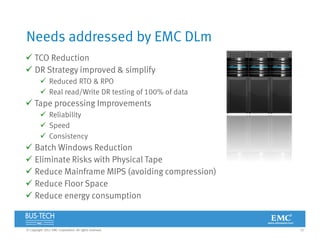 32© Copyright 2012 EMC Corporation. All rights reserved.
Needs addressed by EMC DLm
 TCO Reduction
 DR Strategy improved & simplify
 Reduced RTO & RPO
 Real read/Write DR testing of 100% of data
 Tape processing Improvements
 Reliability
 Speed
 Consistency
 Batch Windows Reduction
 Eliminate Risks with Physical Tape
 Reduce Mainframe MIPS (avoiding compression)
 Reduce Floor Space
 Reduce energy consumption
 