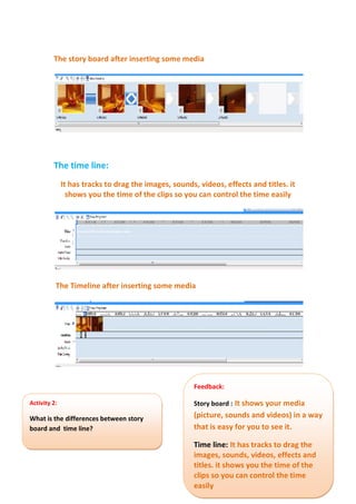 The story board after inserting some media
The time line:
It has tracks to drag the images, sounds, videos, effects and titles. it
shows you the time of the clips so you can control the time easily
The Timeline after inserting some media
Activity 2:
What is the differences between story
board and time line?
Feedback:
Story board : It shows your media
(picture, sounds and videos) in a way
that is easy for you to see it.
Time line: It has tracks to drag the
images, sounds, videos, effects and
titles. it shows you the time of the
clips so you can control the time
easily
 