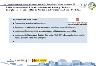 C.   Herramientas para Alcanzar un Modelo ‘Energético Sostenible’: Políticas basadas en EE

 Todas las acciones e Iniciativas orientadas el Ahorro y Eficiencia
 Energética son susceptibles de Ayudas y Subvenciones a Fondo Perdido ...



           TIPOLOGÍAS DE PROYECTO

              Diagnòsticos y Auditorías Energéticas

              Substitución de equipamento consumidor de energía por otros más eficientes

              Implantación de equipamentos generadores que utilizan energías renovables

              Implantación de Sistemas de Gestión Energètica (UNE, EN) y Formación de personal en
               materia de Ahorro y Eficiencia Energética

              …




                                                                                                     24
 