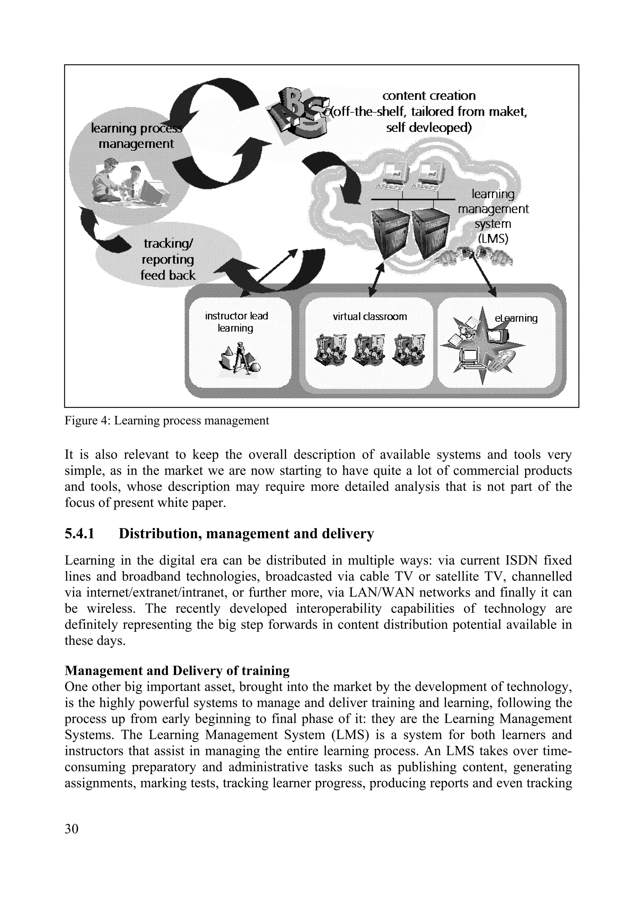 Figure 4: Learning process management
It is also relevant to keep the overall description of available systems and tools very
simple, as in the market we are now starting to have quite a lot of commercial products
and tools, whose description may require more detailed analysis that is not part of the
focus of present white paper.
5.4.1 Distribution, management and delivery
Learning in the digital era can be distributed in multiple ways: via current ISDN fixed
lines and broadband technologies, broadcasted via cable TV or satellite TV, channelled
via internet/extranet/intranet, or further more, via LAN/WAN networks and finally it can
be wireless. The recently developed interoperability capabilities of technology are
definitely representing the big step forwards in content distribution potential available in
these days.
Management and Delivery of training
One other big important asset, brought into the market by the development of technology,
is the highly powerful systems to manage and deliver training and learning, following the
process up from early beginning to final phase of it: they are the Learning Management
Systems. The Learning Management System (LMS) is a system for both learners and
instructors that assist in managing the entire learning process. An LMS takes over time-
consuming preparatory and administrative tasks such as publishing content, generating
assignments, marking tests, tracking learner progress, producing reports and even tracking
30
 