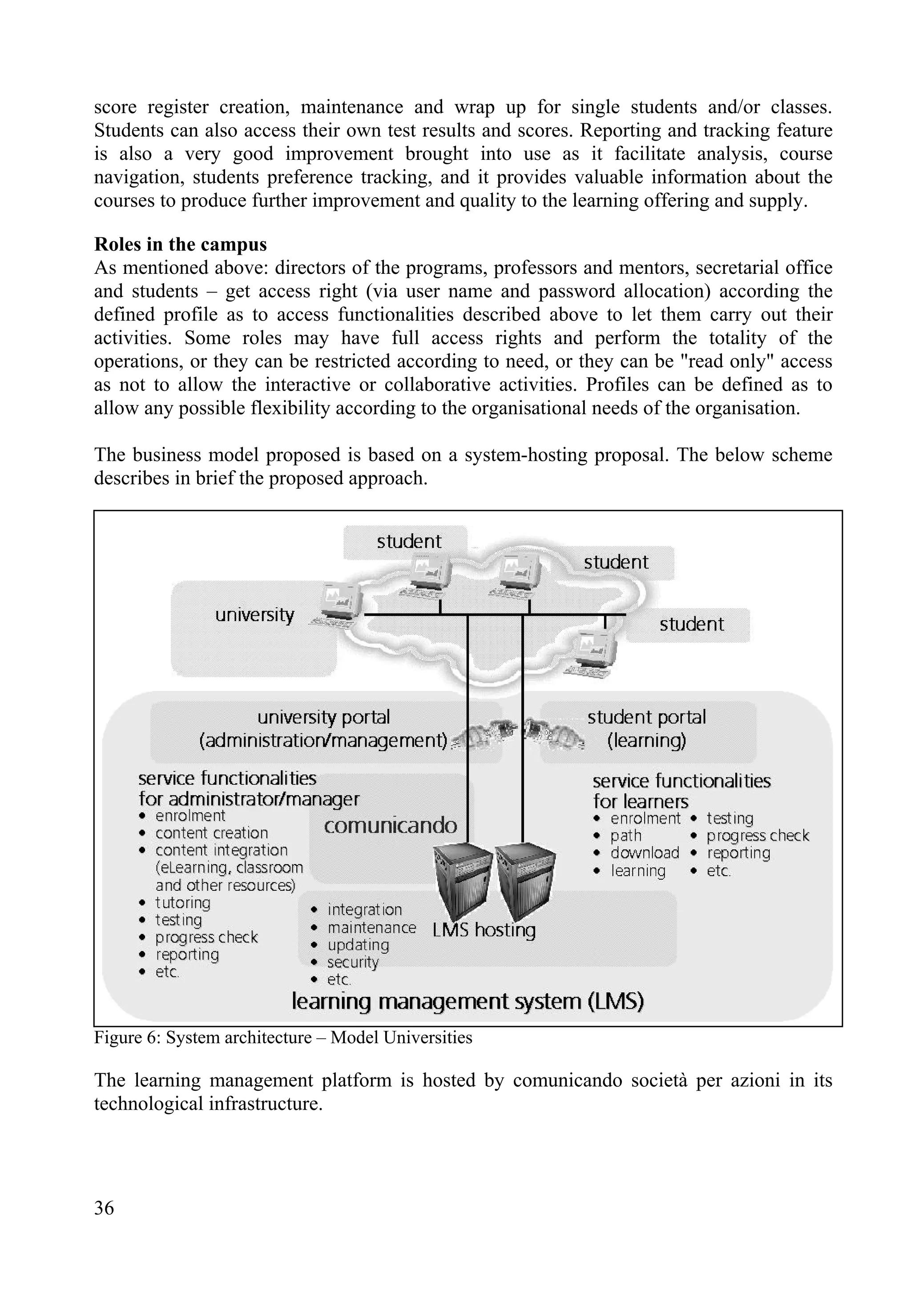 score register creation, maintenance and wrap up for single students and/or classes.
Students can also access their own test results and scores. Reporting and tracking feature
is also a very good improvement brought into use as it facilitate analysis, course
navigation, students preference tracking, and it provides valuable information about the
courses to produce further improvement and quality to the learning offering and supply.
Roles in the campus
As mentioned above: directors of the programs, professors and mentors, secretarial office
and students – get access right (via user name and password allocation) according the
defined profile as to access functionalities described above to let them carry out their
activities. Some roles may have full access rights and perform the totality of the
operations, or they can be restricted according to need, or they can be "read only" access
as not to allow the interactive or collaborative activities. Profiles can be defined as to
allow any possible flexibility according to the organisational needs of the organisation.
The business model proposed is based on a system-hosting proposal. The below scheme
describes in brief the proposed approach.
Figure 6: System architecture – Model Universities
The learning management platform is hosted by comunicando società per azioni in its
technological infrastructure.
36
 
