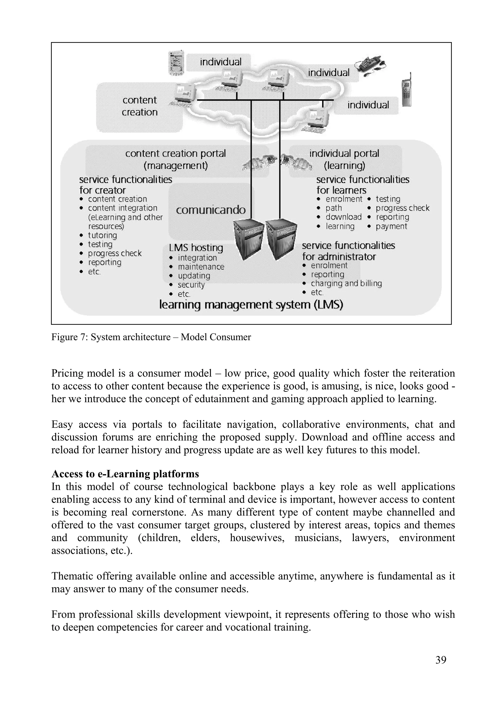 Figure 7: System architecture – Model Consumer
Pricing model is a consumer model – low price, good quality which foster the reiteration
to access to other content because the experience is good, is amusing, is nice, looks good -
her we introduce the concept of edutainment and gaming approach applied to learning.
Easy access via portals to facilitate navigation, collaborative environments, chat and
discussion forums are enriching the proposed supply. Download and offline access and
reload for learner history and progress update are as well key futures to this model.
Access to e-Learning platforms
In this model of course technological backbone plays a key role as well applications
enabling access to any kind of terminal and device is important, however access to content
is becoming real cornerstone. As many different type of content maybe channelled and
offered to the vast consumer target groups, clustered by interest areas, topics and themes
and community (children, elders, housewives, musicians, lawyers, environment
associations, etc.).
Thematic offering available online and accessible anytime, anywhere is fundamental as it
may answer to many of the consumer needs.
From professional skills development viewpoint, it represents offering to those who wish
to deepen competencies for career and vocational training.
39
 
