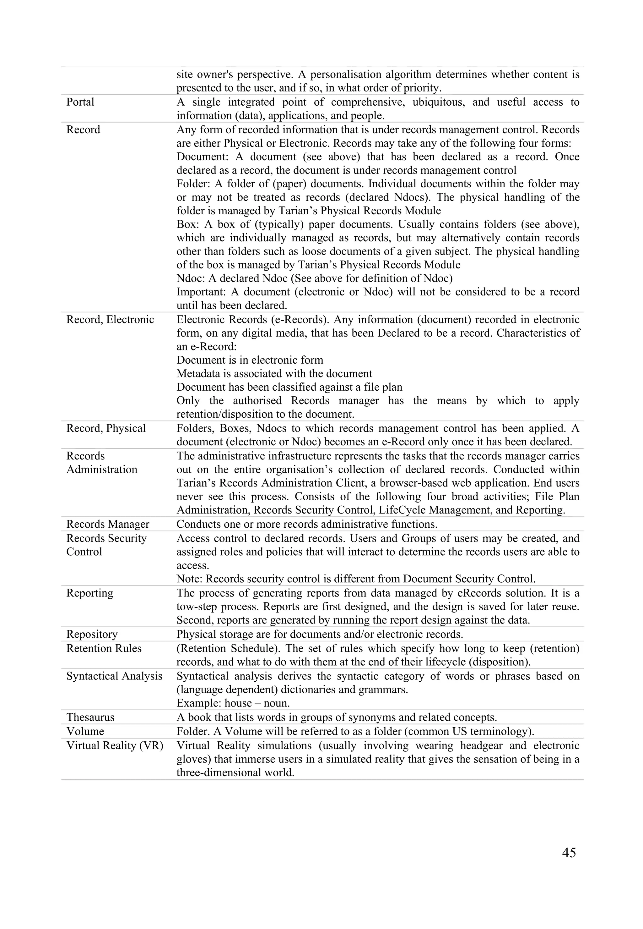 45
site owner's perspective. A personalisation algorithm determines whether content is
presented to the user, and if so, in what order of priority.
Portal A single integrated point of comprehensive, ubiquitous, and useful access to
information (data), applications, and people.
Record Any form of recorded information that is under records management control. Records
are either Physical or Electronic. Records may take any of the following four forms:
Document: A document (see above) that has been declared as a record. Once
declared as a record, the document is under records management control
Folder: A folder of (paper) documents. Individual documents within the folder may
or may not be treated as records (declared Ndocs). The physical handling of the
folder is managed by Tarian’s Physical Records Module
Box: A box of (typically) paper documents. Usually contains folders (see above),
which are individually managed as records, but may alternatively contain records
other than folders such as loose documents of a given subject. The physical handling
of the box is managed by Tarian’s Physical Records Module
Ndoc: A declared Ndoc (See above for definition of Ndoc)
Important: A document (electronic or Ndoc) will not be considered to be a record
until has been declared.
Record, Electronic Electronic Records (e-Records). Any information (document) recorded in electronic
form, on any digital media, that has been Declared to be a record. Characteristics of
an e-Record:
Document is in electronic form
Metadata is associated with the document
Document has been classified against a file plan
Only the authorised Records manager has the means by which to apply
retention/disposition to the document.
Record, Physical Folders, Boxes, Ndocs to which records management control has been applied. A
document (electronic or Ndoc) becomes an e-Record only once it has been declared.
Records
Administration
The administrative infrastructure represents the tasks that the records manager carries
out on the entire organisation’s collection of declared records. Conducted within
Tarian’s Records Administration Client, a browser-based web application. End users
never see this process. Consists of the following four broad activities; File Plan
Administration, Records Security Control, LifeCycle Management, and Reporting.
Records Manager Conducts one or more records administrative functions.
Records Security
Control
Access control to declared records. Users and Groups of users may be created, and
assigned roles and policies that will interact to determine the records users are able to
access.
Note: Records security control is different from Document Security Control.
Reporting The process of generating reports from data managed by eRecords solution. It is a
tow-step process. Reports are first designed, and the design is saved for later reuse.
Second, reports are generated by running the report design against the data.
Repository Physical storage are for documents and/or electronic records.
Retention Rules (Retention Schedule). The set of rules which specify how long to keep (retention)
records, and what to do with them at the end of their lifecycle (disposition).
Syntactical Analysis Syntactical analysis derives the syntactic category of words or phrases based on
(language dependent) dictionaries and grammars.
Example: house – noun.
Thesaurus A book that lists words in groups of synonyms and related concepts.
Volume Folder. A Volume will be referred to as a folder (common US terminology).
Virtual Reality (VR) Virtual Reality simulations (usually involving wearing headgear and electronic
gloves) that immerse users in a simulated reality that gives the sensation of being in a
three-dimensional world.
 