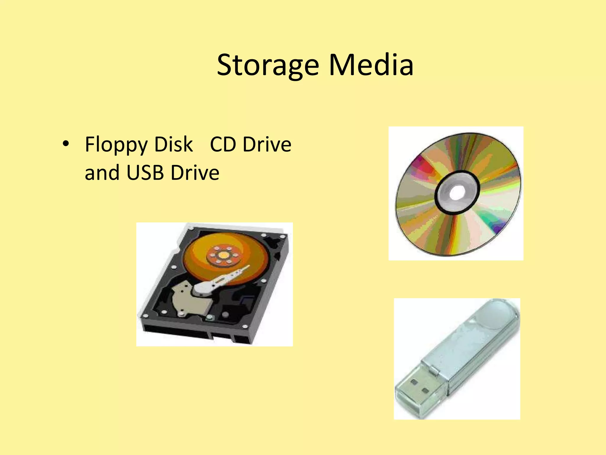 Storage Media
• Floppy Disk CD Drive
and USB Drive
 