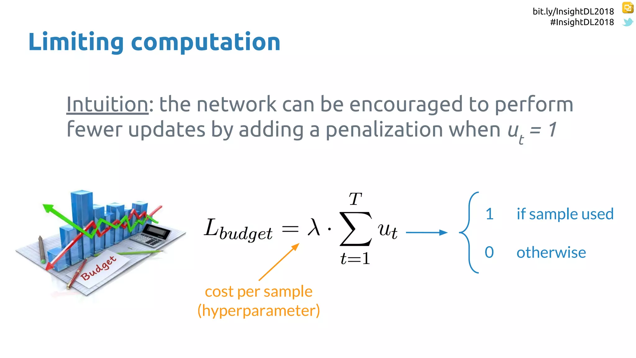 bit.ly/InsightDL2018
#InsightDL2018
Limiting computation
cost per sample
(hyperparameter)
1 if sample used
0 otherwise
Intuition: the network can be encouraged to perform
fewer updates by adding a penalization when ut
= 1
 