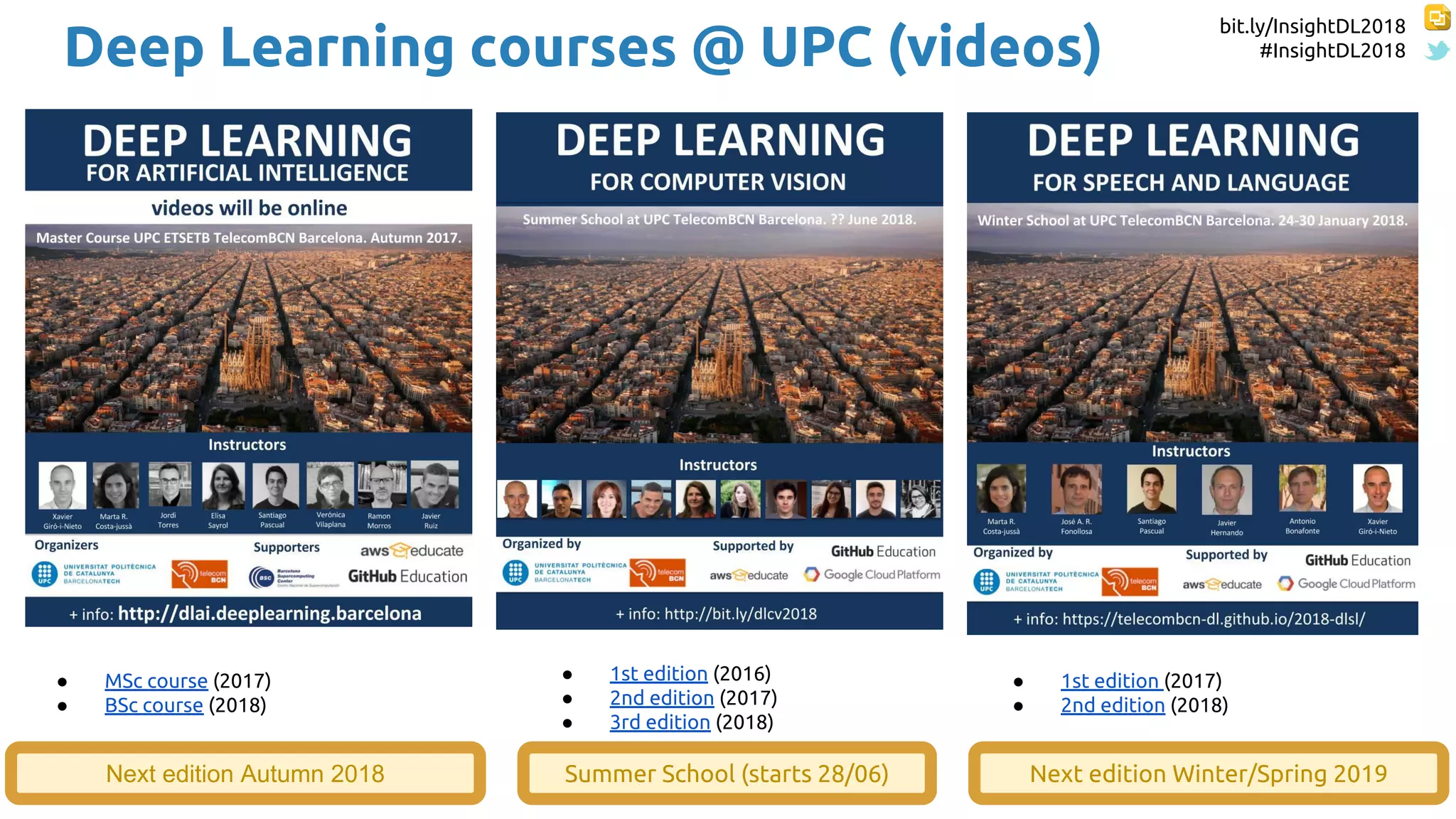 bit.ly/InsightDL2018
#InsightDL2018Deep Learning courses @ UPC (videos)
● MSc course (2017)
● BSc course (2018)
● 1st edition (2016)
● 2nd edition (2017)
● 3rd edition (2018)
● 1st edition (2017)
● 2nd edition (2018)
Next edition Autumn 2018 Next edition Winter/Spring 2019Summer School (starts 28/06)
 
