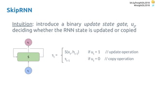 bit.ly/InsightDL2018
#InsightDL2018
SkipRNN
Intuition: introduce a binary update state gate, ut
,
deciding whether the RNN state is updated or copied
S(xt
, ht-1
) if ut
= 1 // update operation
st-1
if ut
= 0 // copy operation
st
=S
xt
st
 