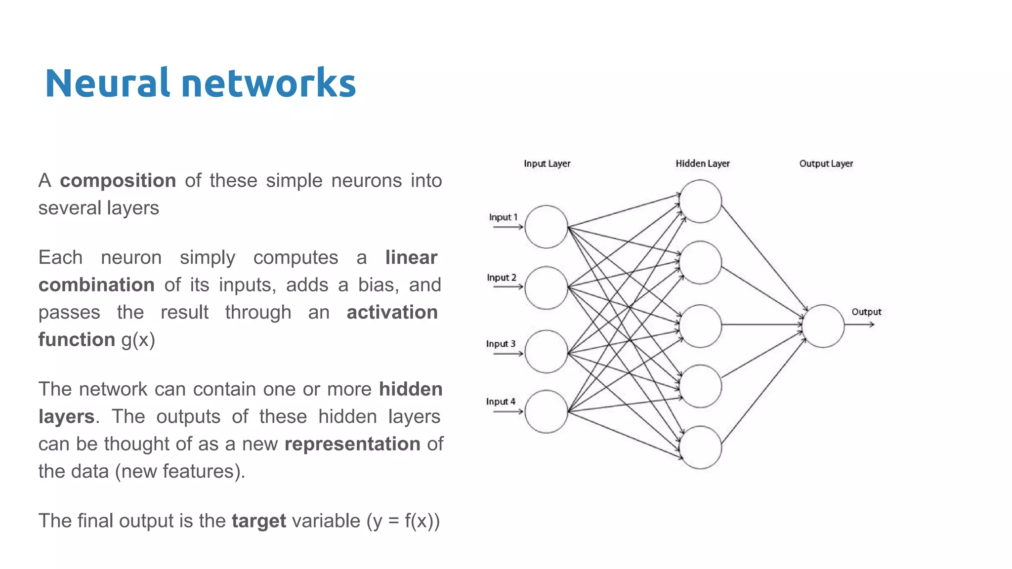 Neural networks
A composition of these simple neurons into
several layers
Each neuron simply computes a linear
combination of its inputs, adds a bias, and
passes the result through an activation
function g(x)
The network can contain one or more hidden
layers. The outputs of these hidden layers
can be thought of as a new representation of
the data (new features).
The final output is the target variable (y = f(x))
 