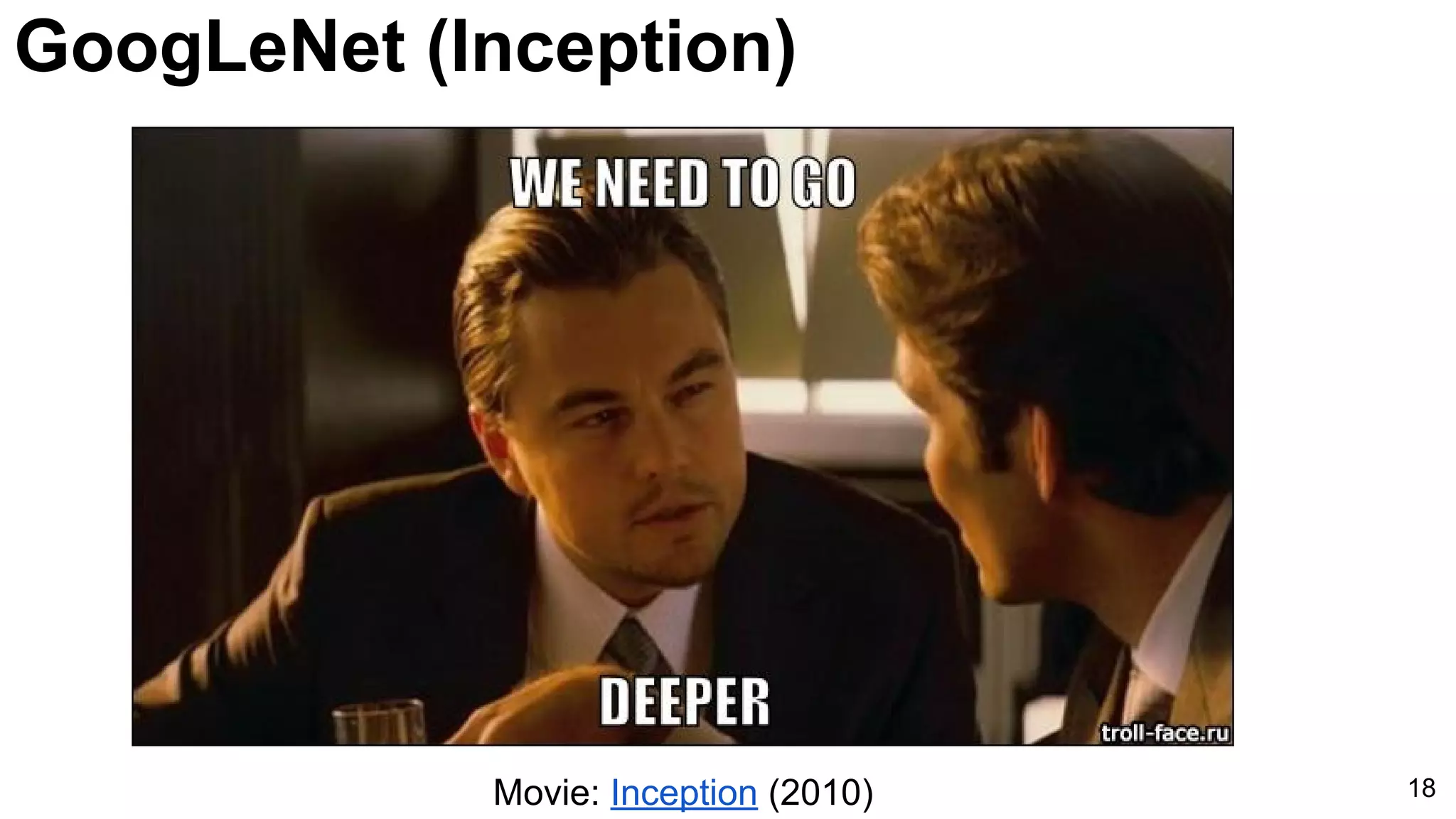 GoogLeNet (Inception)
18Movie: Inception (2010)
 