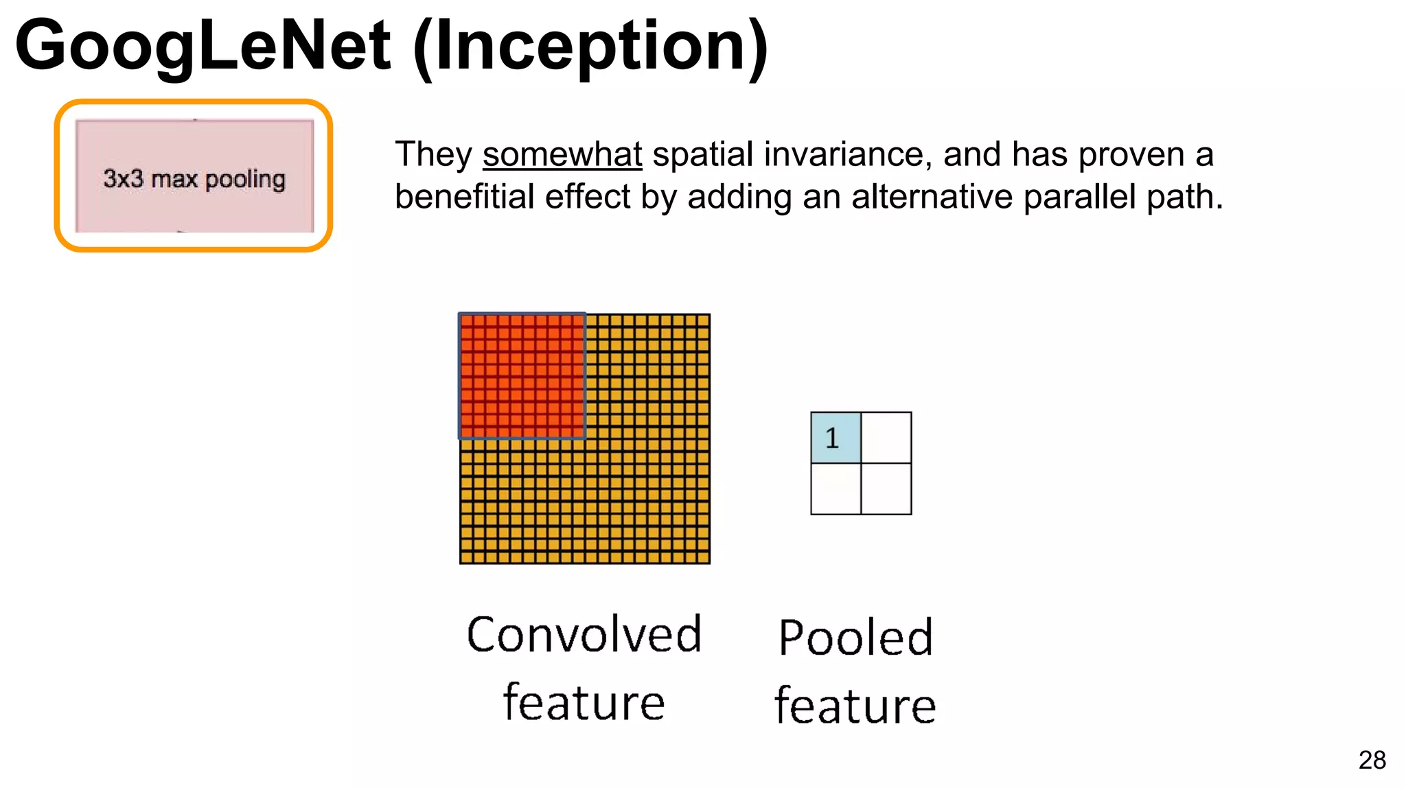 28
They somewhat spatial invariance, and has proven a
benefitial effect by adding an alternative parallel path.
GoogLeNet (Inception)
 