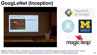 31
Szegedy, Christian, Wei Liu, Yangqing Jia, Pierre Sermanet, Scott Reed, Dragomir Anguelov, Dumitru Erhan, Vincent
Vanhoucke, and Andrew Rabinovich. "Going deeper with convolutions." CVPR 2015. [video] [slides] [poster]
GoogLeNet (Inception)
 