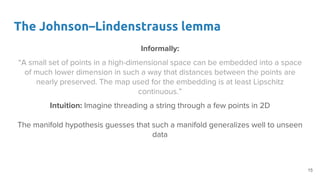 The Johnson–Lindenstrauss lemma
Informally:
“A small set of points in a high-dimensional space can be embedded into a space
of much lower dimension in such a way that distances between the points are
nearly preserved. The map used for the embedding is at least Lipschitz
continuous.”
Intuition: Imagine threading a string through a few points in 2D
The manifold hypothesis guesses that such a manifold generalizes well to unseen
data
15
 