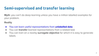 Semi-supervised and transfer learning
Myth: you can’t do deep learning unless you have a million labelled examples for
your problem.
Reality
● You can learn useful representations from unlabelled data
● You can transfer learned representations from a related task
● You can train on a nearby surrogate objective for which it is easy to generate
labels
3
 