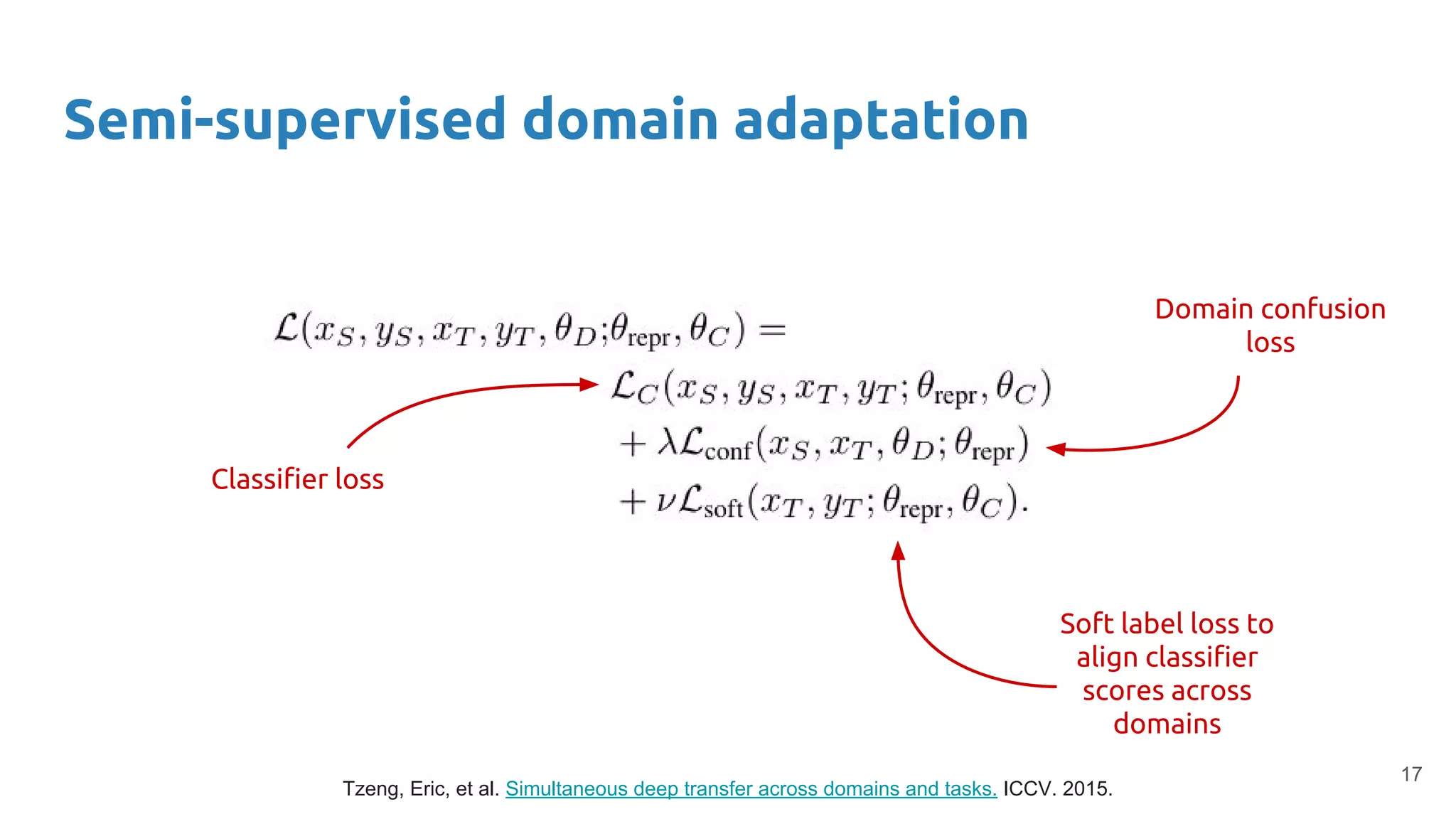 Semi-supervised domain adaptation
Classifier loss
Domain confusion
loss
Soft label loss to
align classifier
scores across
domains
Tzeng, Eric, et al. Simultaneous deep transfer across domains and tasks. ICCV. 2015.
17
 