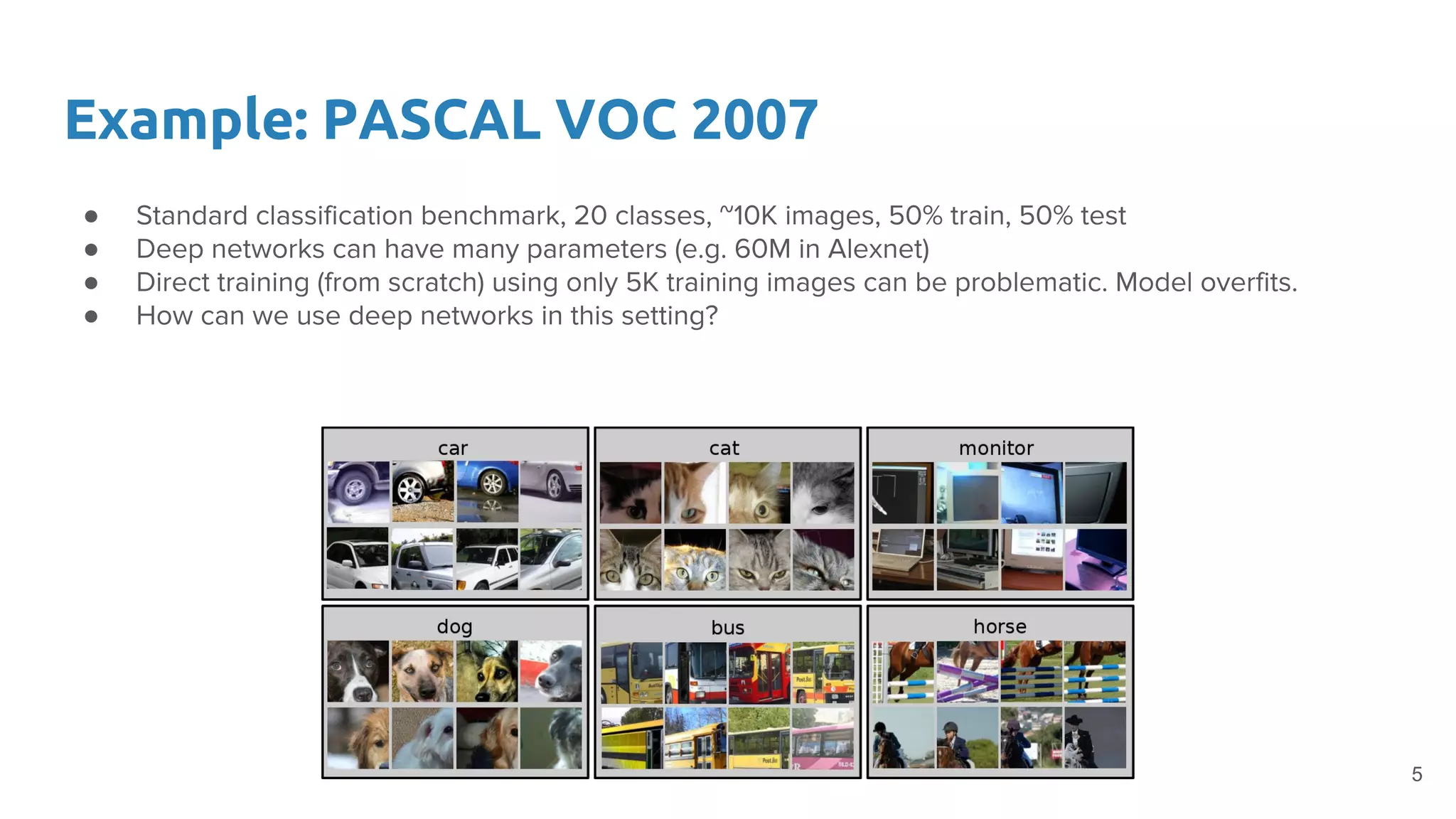 Example: PASCAL VOC 2007
● Standard classification benchmark, 20 classes, ~10K images, 50% train, 50% test
● Deep networks can have many parameters (e.g. 60M in Alexnet)
● Direct training (from scratch) using only 5K training images can be problematic. Model overfits.
● How can we use deep networks in this setting?
5
 