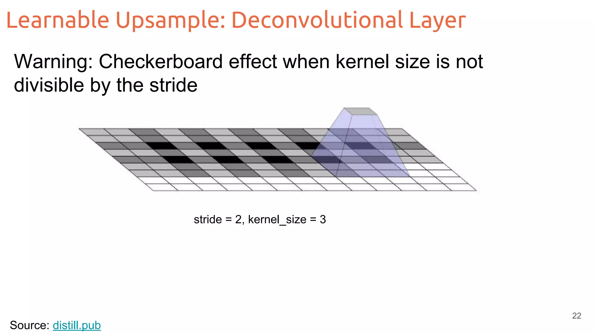 Learnable Upsample: Deconvolutional Layer Source: distill.pub stride = 2, kernel_size = 3 22 Warning: Checkerboard effect when kernel size is not divisible by the stride 