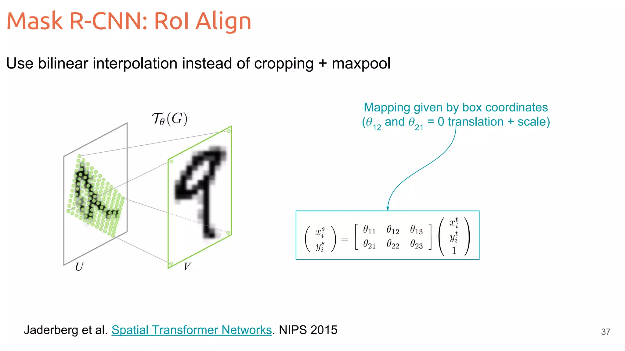 Jaderberg et al. Spatial Transformer Networks. NIPS 2015 Mask R-CNN: RoI Align Use bilinear interpolation instead of cropping + maxpool 37 Mapping given by box coordinates ( 12 and 21 = 0 translation + scale) 