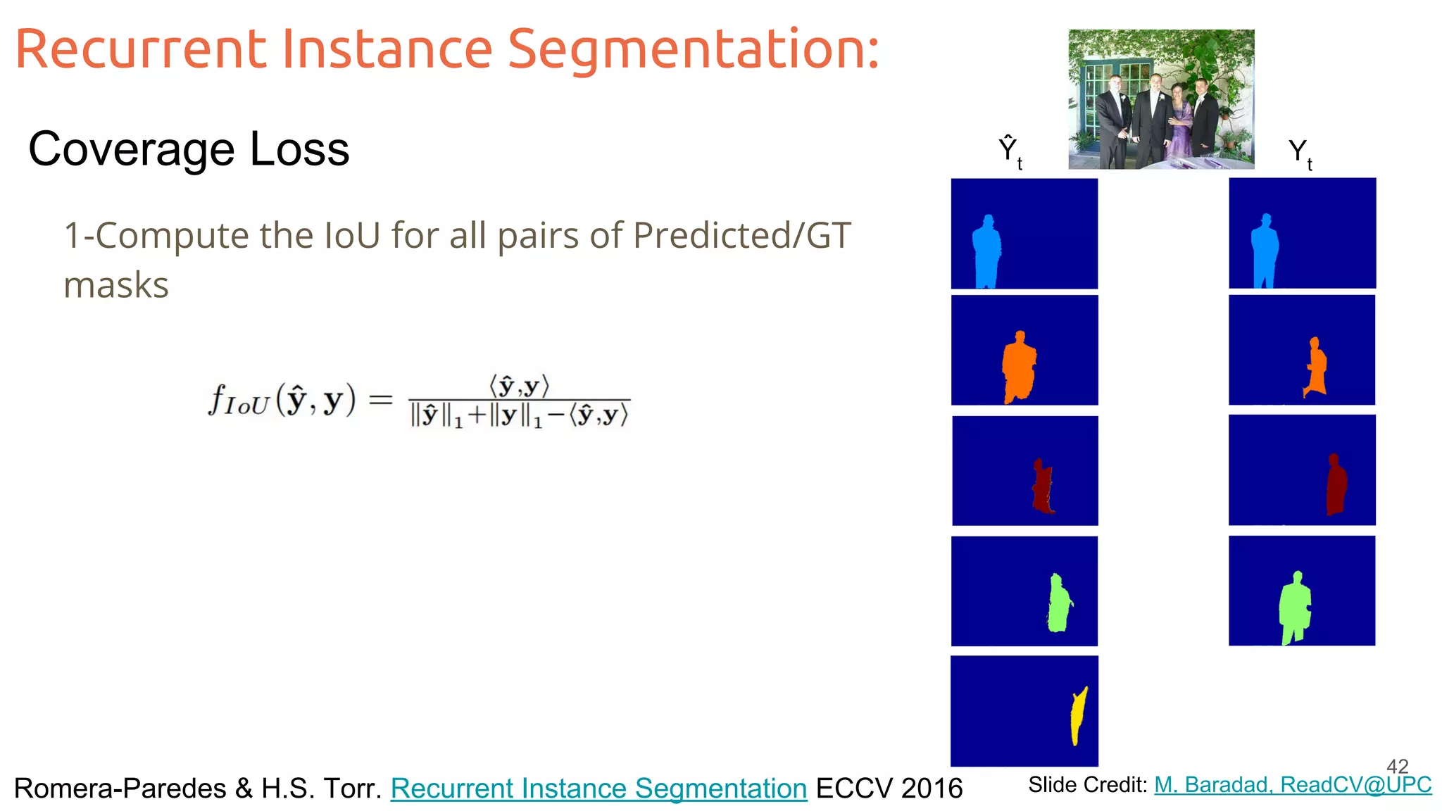 Recurrent Instance Segmentation: Romera-Paredes & H.S. Torr. Recurrent Instance Segmentation ECCV 2016 Slide Credit: M. Baradad, ReadCV@UPC 1-Compute the IoU for all pairs of Predicted/GT masks Ŷt Yt 42 Coverage Loss 