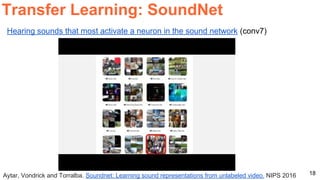 18Aytar, Vondrick and Torralba. Soundnet: Learning sound representations from unlabeled video. NIPS 2016
Transfer Learning: SoundNet
Hearing sounds that most activate a neuron in the sound network (conv7)
 