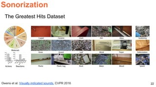 22
Sonorization
Owens et al. Visually indicated sounds. CVPR 2016
The Greatest Hits Dataset
 