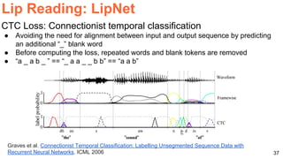 37
Graves et al. Connectionist Temporal Classification: Labelling Unsegmented Sequence Data with
Recurrent Neural Networks. ICML 2006
Lip Reading: LipNet
CTC Loss: Connectionist temporal classification
● Avoiding the need for alignment between input and output sequence by predicting
an additional “_” blank word
● Before computing the loss, repeated words and blank tokens are removed
● “a _ a b _ ” == “_ a a _ _ b b” == “a a b”
 