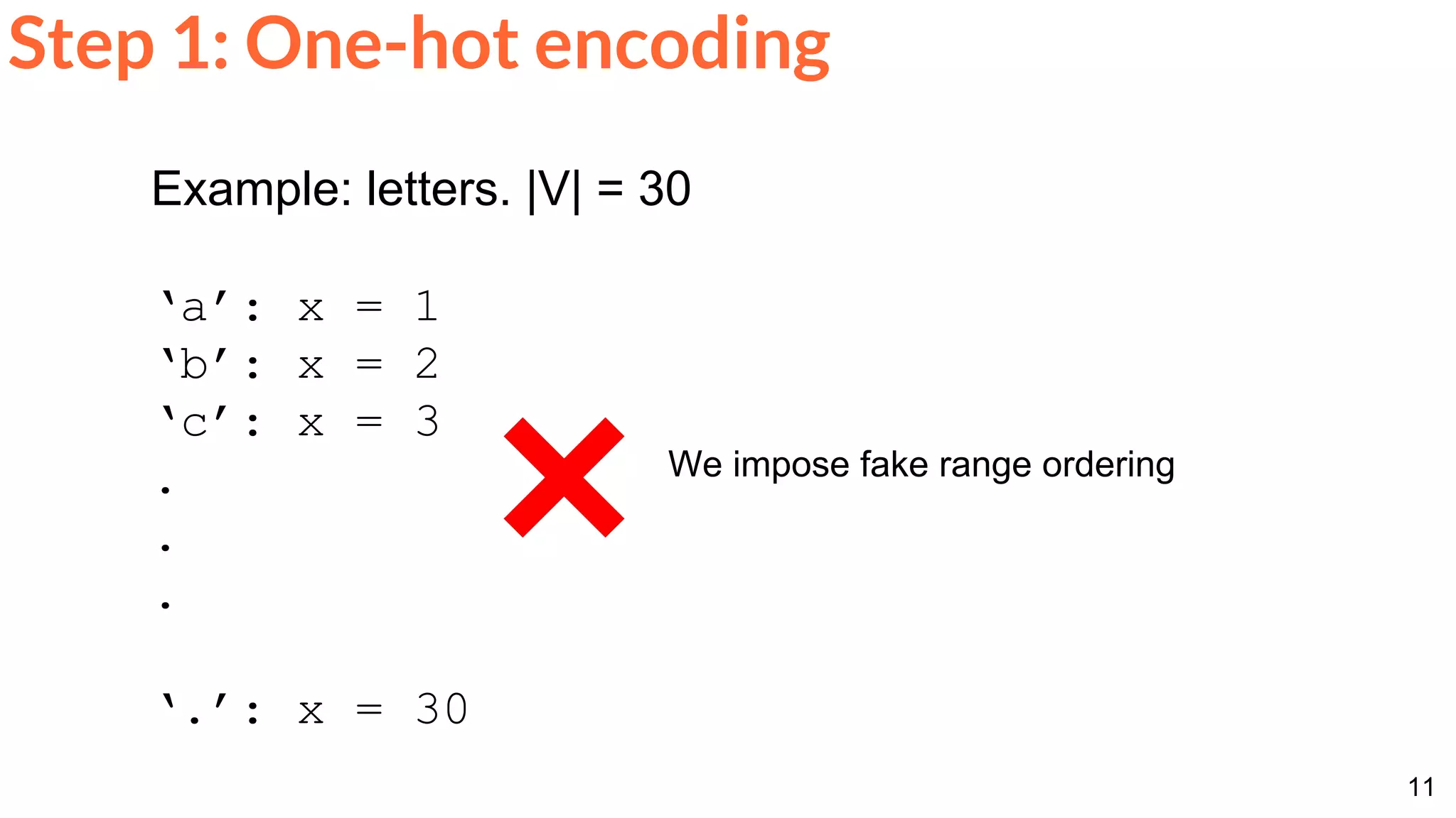11
Step 1: One-hot encoding
Example: letters. |V| = 30
‘a’: x = 1
‘b’: x = 2
‘c’: x = 3
.
.
.
‘.’: x = 30
We impose fake range ordering
 