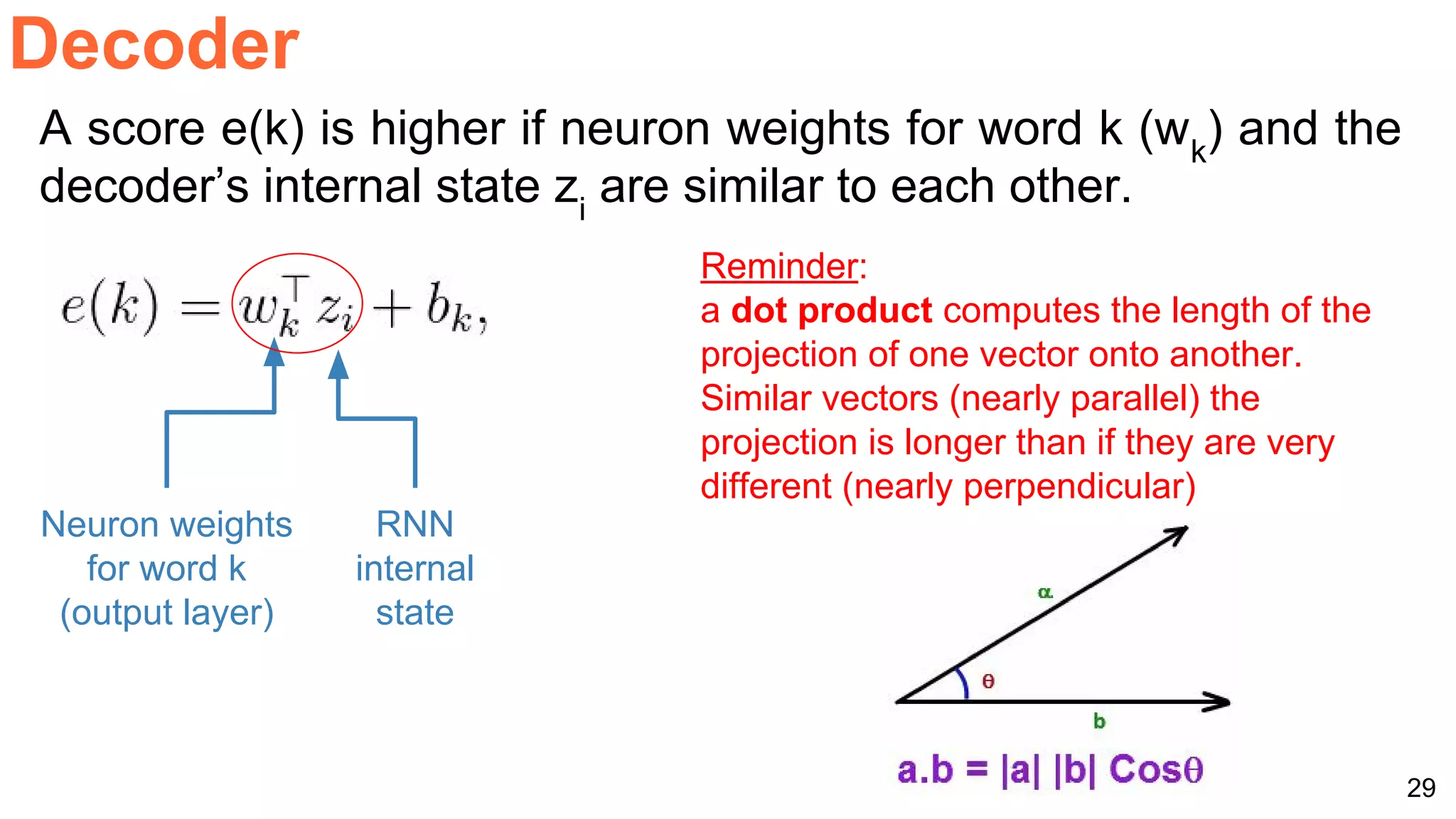 29
Decoder
A score e(k) is higher if neuron weights for word k (wk
) and the
decoder’s internal state zi
are similar to each other.
Reminder:
a dot product computes the length of the
projection of one vector onto another.
Similar vectors (nearly parallel) the
projection is longer than if they are very
different (nearly perpendicular)
RNN
internal
state
Neuron weights
for word k
(output layer)
 