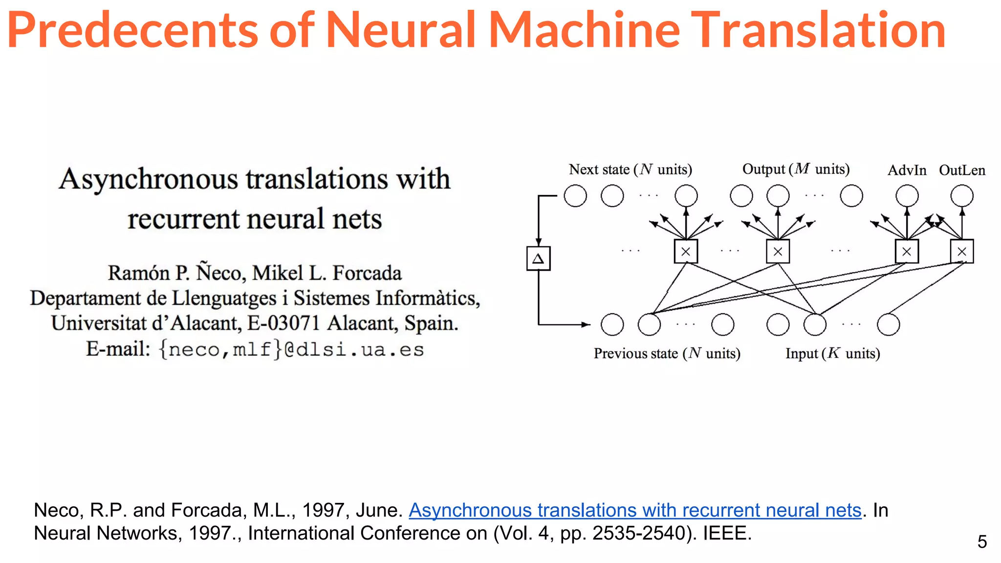 5
Predecents of Neural Machine Translation
Neco, R.P. and Forcada, M.L., 1997, June. Asynchronous translations with recurrent neural nets. In
Neural Networks, 1997., International Conference on (Vol. 4, pp. 2535-2540). IEEE.
 