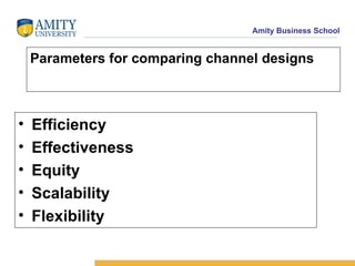 Parameters for comparing channel designs Efficiency Effectiveness Equity Scalability Flexibility 