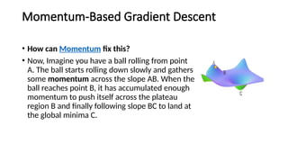 Momentum-Based Gradient Descent
• How can Momentum fix this?
• Now, Imagine you have a ball rolling from point
A. The ball starts rolling down slowly and gathers
some momentum across the slope AB. When the
ball reaches point B, it has accumulated enough
momentum to push itself across the plateau
region B and finally following slope BC to land at
the global minima C.
 