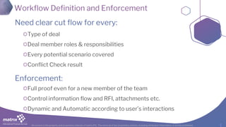 All content is the property and proprietary interest of matrix IFS; The removal of any proprietary notices, including attribution information, is strictly prohibited.
Workflow Definition and Enforcement
Need clear cut flow for every:
Type of deal
Deal member roles & responsibilities
Every potential scenario covered
Conflict Check result
Enforcement:
Full proof even for a new member of the team
Control information flow and RFI, attachments etc.
Dynamic and Automatic according to user’s interactions
 