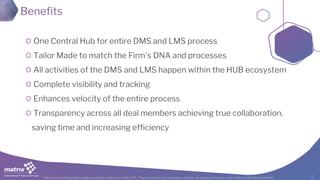All content is the property and proprietary interest of matrix IFS; The removal of any proprietary notices, including attribution information, is strictly prohibited.
Benefits
One Central Hub for entire DMS and LMS process
Tailor Made to match the Firm's DNA and processes
All activities of the DMS and LMS happen within the HUB ecosystem
Complete visibility and tracking
Enhances velocity of the entire process
Transparency across all deal members achieving true collaboration,
saving time and increasing efficiency
 