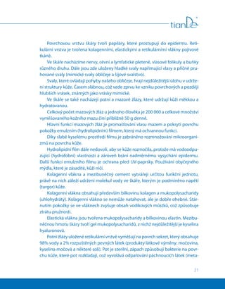 21
Povrchovou vrstvu škáry tvoří papiláry, které prostupují do epidermu. Reti-
kulární vrstva je tvořena kolagenními, elastickými a retikulárními vlákny pojivové
tkáně.
Ve škáře nacházíme nervy, cévní a lymfatické pleteně, vlasové folikuly a buňky
různého druhu. Dále jsou zde uloženy hladké svaly napřimující vlasy a příčně pru-
hované svaly (mimické svaly obličeje a šíjové svalstvo).
Svaly, které ovládají pohyby našeho obličeje, hrají nejdůležitější úlohu v udrže-
ní struktury kůže. Časem slábnou, což vede zprvu ke vzniku povrchových a později
hlubších vrásek, známých jako vrásky mimické.
Ve škáře se také nacházejí potní a mazové žlázy, které udržují kůži měkkou a
hydratovanou.
Celkový počet mazových žláz u jednoho člověka je 200 000 а celkové množství
vyměšovaného kožního mazu činí přibližně 50 g denně.
Hlavní funkcí mazových žláz je promašťování vlasu mazem a pokrytí povrchu
pokožky emulzním (hydrolipidním) filmem, který má ochrannou funkci.
Díky slabě kyselému prostředí filmu je zabráněno rozmnožování mikroorgani-
zmů na povrchu kůže.
Hydrolipidní film dále nedovolí, aby se kůže rozmočila, protože má vodoodpu-
zující (hydrofobní) vlastnosti a zároveň brání nadměrnému vysychání epidermu.
Další funkcí emulzního filmu je ochrana před UV-paprsky. Používání obyčejného
mýdla, které je zásadité, kůži ničí.
Kolagenní vlákna a mezibuněčný cement vytvářejí určitou funkční jednotu,
právě na nich záleží udržení molekul vody ve škáře, kterým je podmíněno napětí
(turgor) kůže.
Kolagenní vlákna obsahují především bílkovinu kolagen a mukopolysacharidy
(uhlohydráty). Kolagenní vlákno se nemůže natahovat, ale je dobře ohebné. Stár-
nutím pokožky se ve vláknech zvyšuje obsah vodíkových můstků, což způsobuje
ztrátu pružnosti.
Elastická vlákna jsou tvořena mukopolysacharidy a bílkovinou elastin. Mezibu-
něčnou hmotu škáry tvoří gel mukopolysacharidů, z nichž nejdůležitější je kyselina
hyaluronová.
Potní žlázy uložené retikulární vrstvě vyměšují na povrch sekret, který obsahuje
98% vody a 2% rozpuštěných pevných látek (produkty látkové výměny: močovina,
kyselina močová a některé soli). Pot je sterilní, zápach způsobují bakterie na povr-
chu kůže, které pot rozkládají, což vyvolává odpařování páchnoucích látek (meta-
 