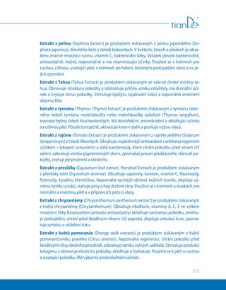 225
Extrakt z jerlínu (Sophora Extract) je produktem získávaným z jerlínu japonského (So-
phora japonica), dřevitého keře z čeledi bobovitých. V květech, listech a plodech je obsa-
ženo značné množství rutinu, vitamín С, baktericidní látky. Výtažek působí baktericidně,
antioxidačně, hojivě, regeneračně a má vitaminizující účinky. Používá se v krémech pro
suchou, citlivou, uvadající pleť, v krémech po holení, lotionech proti padání vlasů a na je-
jich zpevnění.
Extrakt z Tahua (Tahua Extract) je produktem získávaným ze vzácné čínské rostliny ta-
hua. Obnovuje strukturu pokožky a odstraňuje příčiny vzniku celulitidy, má drenážní úči-
nek a zvyšuje tonus pokožky. Stimuluje lipolýzu (spalování tuků) a napomáhá zmenšení
objemu těla.
Extrakt z tymiánu (Thymus (Thyme) Extract) je produktem získávaným z tymiánu obec-
ného neboli tymiánu mateřídoušky nebo mateřídoušky úzkolisté (Thymus serpyllum),
travnaté byliny čeledi hluchavkovitých. Má dezinfekční, antimikrobní a zklidňující účinky
na citlivou pleť. Působí tonizačně, aktivizuje krevní oběh a posiluje výživu vlasů.
Extrakt z rajčete (Tomato Extract) je produktem získávaným z rajčete jedlého (Solanum
lycopersicum) z čeledi lilkovitých. Obsahuje nejaktivnější antioxidant s antikarcerogenním
účinkem – lykopen (α-karoten) a další karotenoidy, které chrání pokožku před vlivem UV
záření, zabraňují vzniku pigmentových skvrn, zpomalují proces předčasného stárnutí po-
kožky, zvyšují její pružnost a elasticitu.
Extrakt z přesličky (Equisetum leaf extract, Horsetail Extract) je produktem získávaným
z přesličky rolní (Equisetum arvense). Obsahuje saponiny, karoten, vitamín С, flavonoidy,
fytoncidy, kyselinu křemičitou. Napomáhá rychlejší obnově kožních buněk, zlepšuje vý-
měnu kyslíku a tuků, stahuje póry a hojí drobné rány. Používá se v krémech a maskách pro
normální a mastnou pleť a v přípravcích péče o vlasy.
Extrakt z chryzantémy (Chrysanthemum parthenium extract) je produktem získávaným
z květů chryzantémy (Chrysanthemum). Obsahuje riboflavin, vitamíny А, С, Е ve velkém
množství. Díky flavonoidům (přírodní antioxidanty) zklidňuje zanícenou pokožku, zmírňu-
je podráždění, chrání před škodlivým vlivem UV paprsků, zlepšuje cirkulaci krve, zpoma-
luje syntézu a ukládání tuku.
Extrakt z květů pomeranče (Orange stalk extracts) je produktem získávaným z květů
pomerančovníku pravého (Citrus sinensis). Napomáhá regeneraci, chrání pokožku před
škodlivými vlivy okolního prostředí, zabraňuje vzniku volných radikálů. Stimuluje produkci
kolagenu a obnovuje elasticitu pokožky, zklidňuje a hydratuje. Používá se k péči o suchou
a uvadající pokožku. Má výborný proticelulitidní účinek.
 