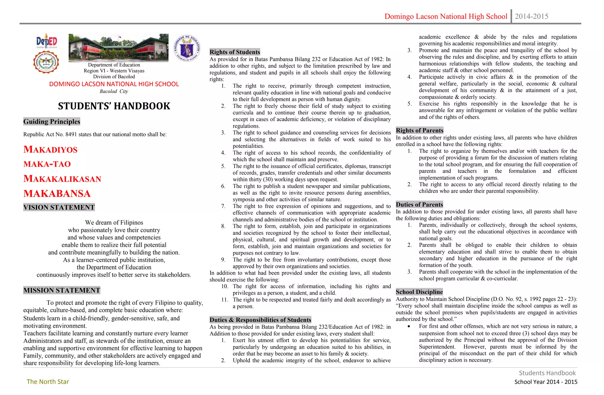 Dlnhs student handbook | DOC