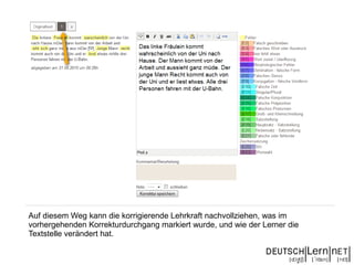 Auf diesem Weg kann die korrigierende Lehrkraft nachvollziehen, was im
vorhergehenden Korrekturdurchgang markiert wurde, und wie der Lerner die
Textstelle verändert hat.
 