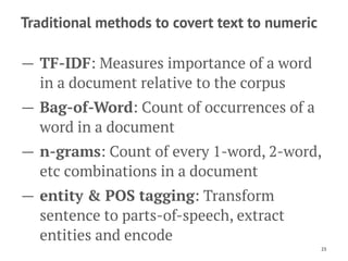 Traditional methods to covert text to numeric
— TF-IDF: Measures importance of a word
in a document relative to the corpus...