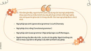SLIDESMANIA.COM
Vài năm gần đây, người ta tìm cách xây dựng các loại ngữ pháp khác
nhau sao cho sự miêu tả kết cấu câu phù hợp với bản chất ngữ nghĩa,
các mối quan hệ giữa các từ trong câu đó. Các loại ngữ pháp được chú ý
nhất:
- Ngữ pháp tạo sinh ( generative grammar ) của N.Chomsky
- Ngữ pháp chức năng ( functional grammar )
- Ngữ pháp cách (case grammar ) Ngữ pháp logic của R.Montague…
- Ngoài những câu đơn nêu trên , ta còn có câu ghép. Người ta dùng các
liên từ hoặc cặp liên từ để ghép 2 câu đơn lại thành câu ghép.
 