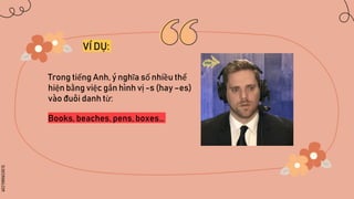 SLIDESMANIA.COM
Trong tiếng Anh, ý nghĩa số nhiều thể
hiện bằng việc gắn hình vị -s (hay –es)
vào đuôi danh từ:
Books, beaches, pens, boxes…
VÍ DỤ:
 