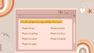 SLIDESMANIA.COM
Phạm trù số
Phạm trù giống
Phạm trù cách
Phạm trù ngôi
Có các phạm trù ngữ pháp như sau:
Phạm trù thời
Phạm trù thức
Phạm trù dạng
 