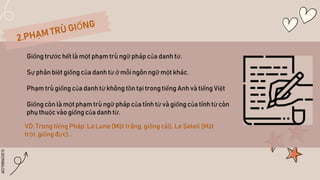 SLIDESMANIA.COM
Giống trước hết là một phạm trù ngữ pháp của danh từ.
Sự phân biệt giống của danh từ ở mỗi ngôn ngữ một khác.
Phạm trù giống của danh từ không tồn tại trong tiếng Anh và tiếng Việt
Giống còn là một phạm trù ngữ pháp của tính từ và giống của tính từ còn
phụ thuộc vào giống của danh từ.
VD: Trong tiếng Pháp: La Lune (Mặt trăng, giống cái), Le Soleil (Mặt
trời, giống đực)...
 