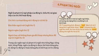 SLIDESMANIA.COM
Ngôi là phạm trù ngữ pháp của động từ, biểu thị vai giao
tiếp của chủ thể hoạt động.
Chủ thể của hoạt động nói ở động từ có thể là:
Bản thân người nói (ngôi thứ 1)
Người nghe (ngôi thứ 2)
Người hay vật không tham gia đối thoại nhưng được đề
cập tới (ngôi thứ 3)
Trong các ngôn ngữ có phạm trù ngôi như tiếng Nga, tiếng
Anh, tiếng Pháp, ngôi của động từ được thể hiện bằng phụ
tố, bằng trợ động từ hoặc bằng phụ tố kết hợp với trợ động
từ.
Trong khi đó thì ở một số ngôn ngữ khác,
số lượng các dạng thức của động từ có
thể ít hơn
VD: Trong tiếng Anh, động từ “read”(đọc) chỉ có 2
dạng thức ngôi khác nhau: “read”(chung cho các
ngôi thứ nhất, thứ hai và thứ ba số nhiều và “reads”
(dùng cho ngôi thứ ba số ít)
 